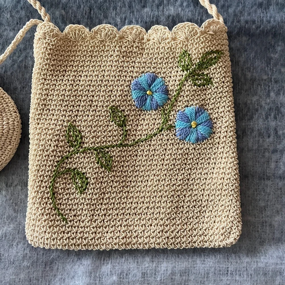 Vintage Purse Floral Design Tan Blue 90s Country Cottage Sweet Feminine Dainty
